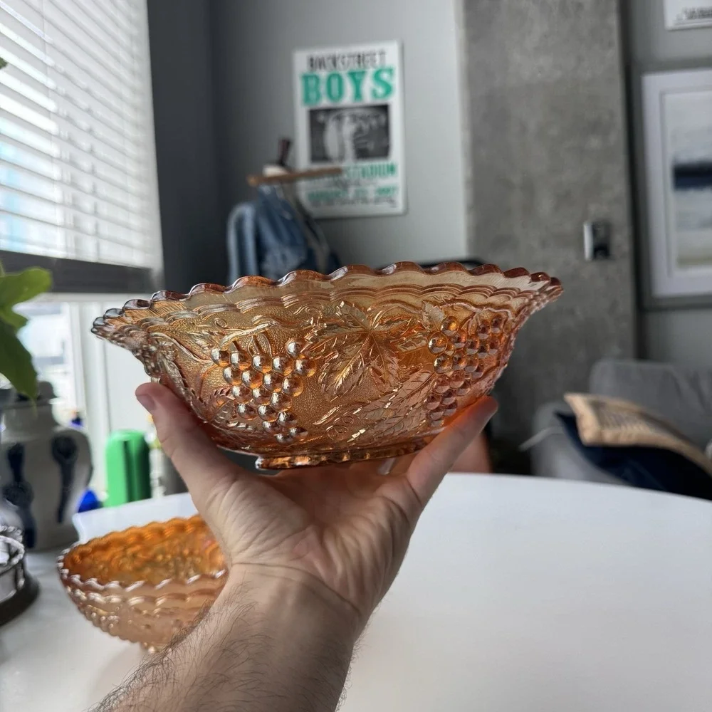 Vintage Indiana Glass Harvest Grape Marigold Carnival Bowls Set of 2 Home Deco